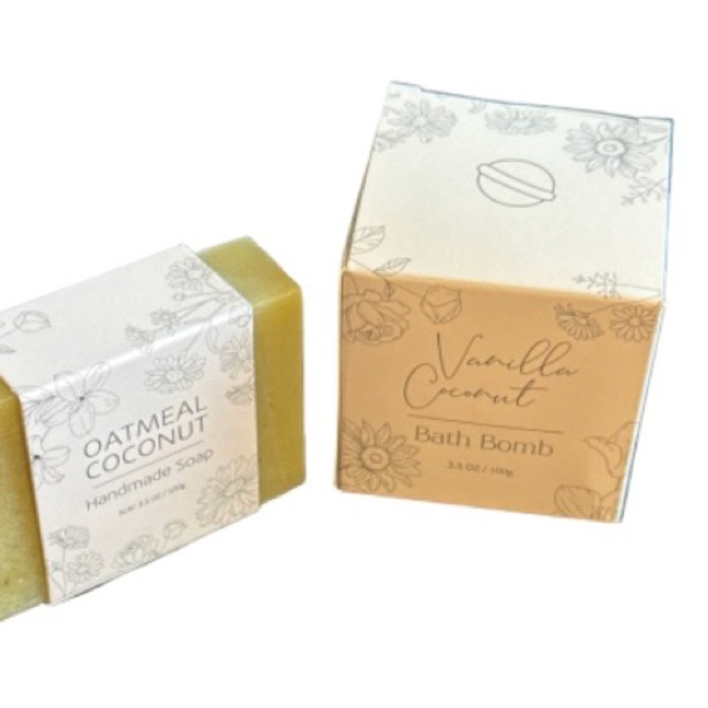 Vanilla Coconut Bath Bomb & Oatmeal Coconut Soap Set - Natural Body Care